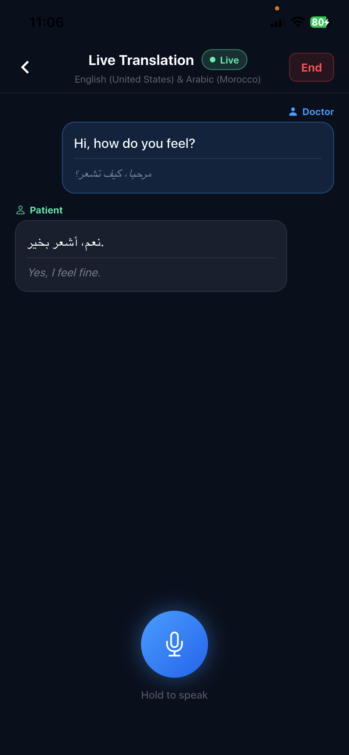 Live translation screen